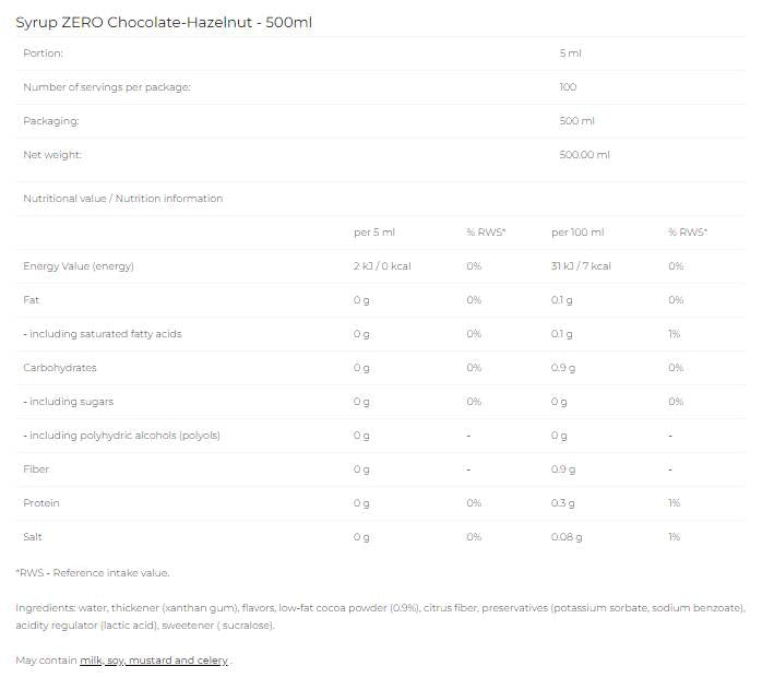 Sirup Zero - Schokoladen-Haselnuss - 500 ml