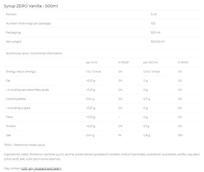 Sirup Zero - Vanille - 500 ml