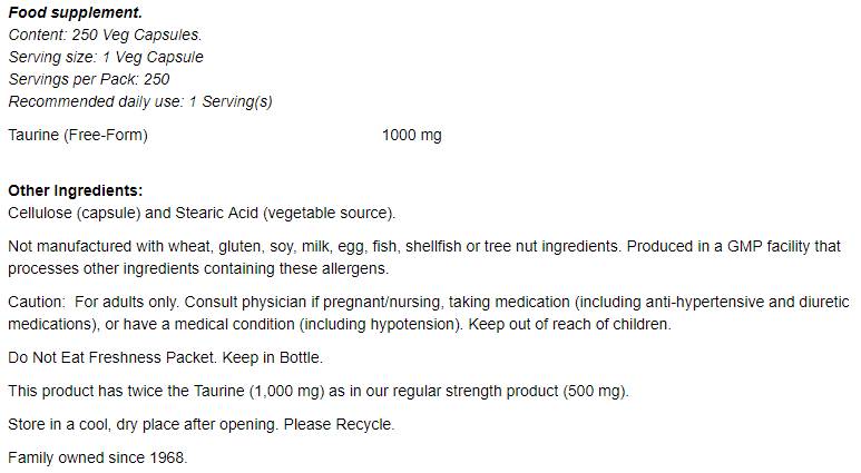 Taurin 1000 mg/Doppelte Stärke – 250 Kapseln