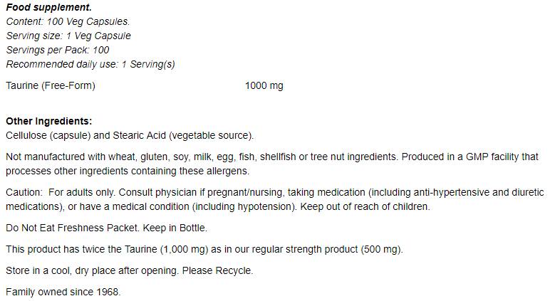 Taurin 1000 mg/Doppelte Stärke – 250 Kapseln