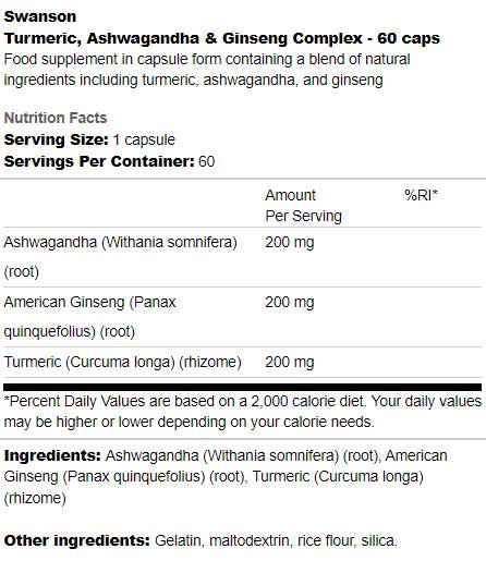 Kurkuma-, Ashwagandha- und Ginseng-Komplex 60 Kapseln