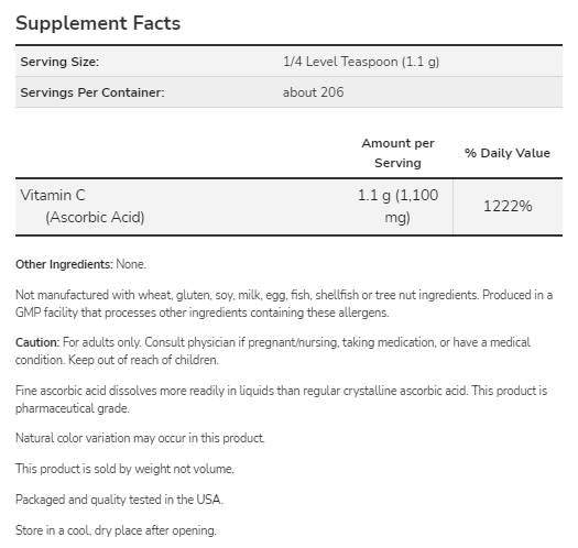 Vitamin C | Ascorbinsäure - Pharmazeutische Grad - 227 Gramm