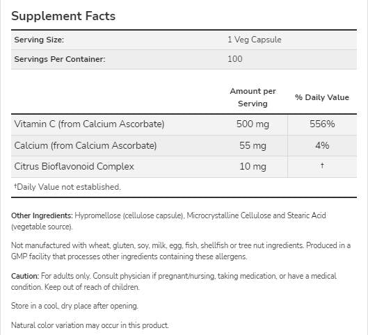 Vitamin C-500 | Calciumascorbat-C – 250 Kapseln