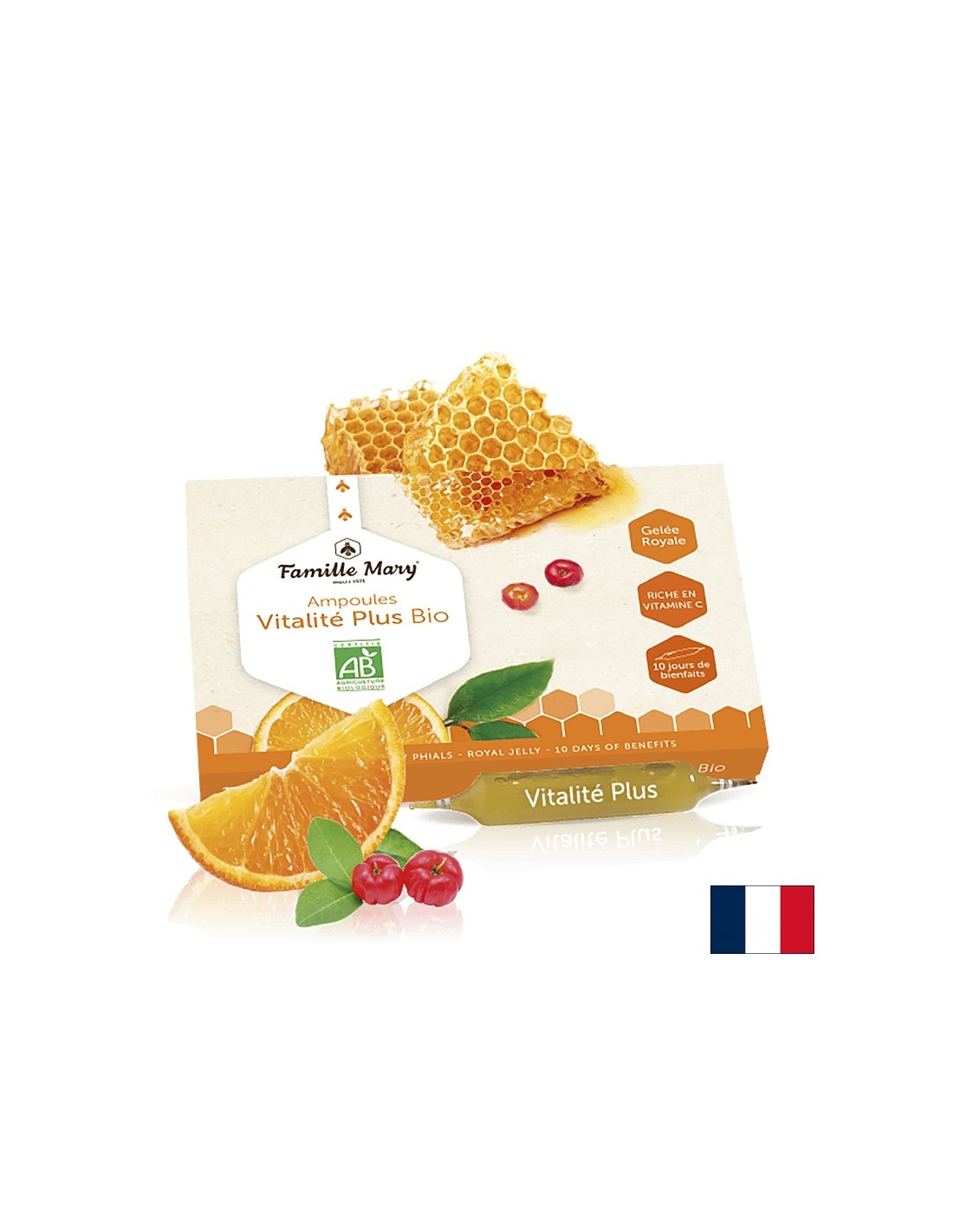 Ampullen Vitalité plus Bio Jus d'Orange Acerola / Vitalité plus Bio mit Royal Jelly, Orange und Acerola, 10 Stcs. Famille Mary trinkt Ampullen