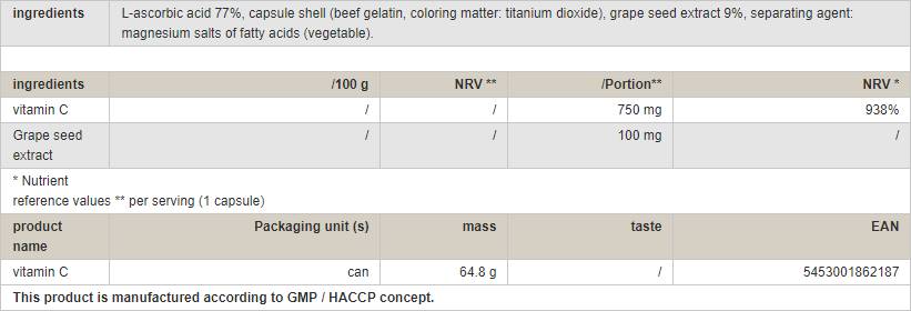Vitamin C 750 mg / with GrapeSeed - 60 capsules - Nutra Best Europe