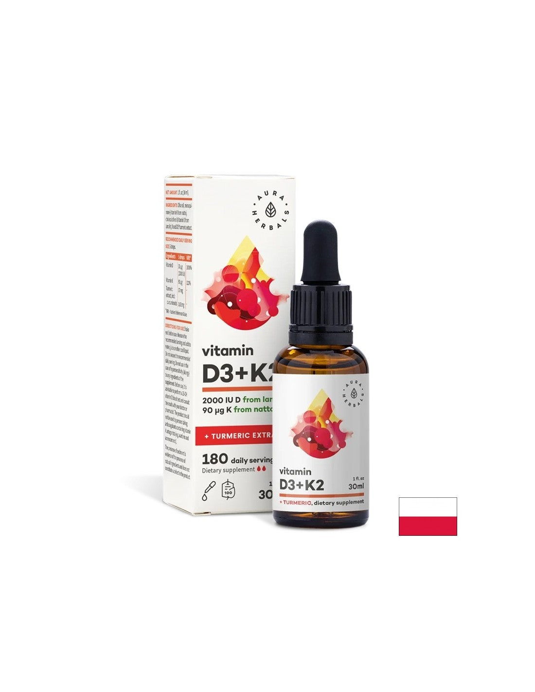 Knochen und Gelenke - Vitamin D3 800 IU + K2 36 µg + Kurkuma, 30 ml Tropfen