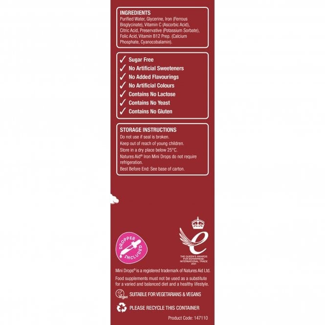 Eisen + Vitamin C + Vitamin B12 + Folsäure-Tropfen für Kinder (Mini Drops Iron) 50 ml NaturesAid