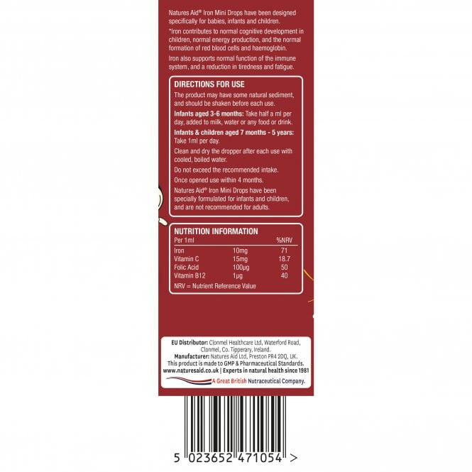 Eisen + Vitamin C + Vitamin B12 + Folsäure-Tropfen für Kinder (Mini Drops Iron) 50 ml NaturesAid