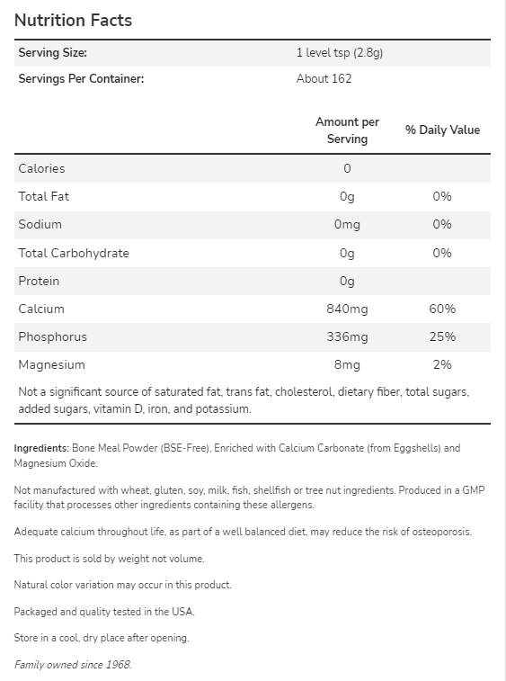 Knochenmehlpulver | Ausgezeichnete Kalziumquelle - 454 Gramm