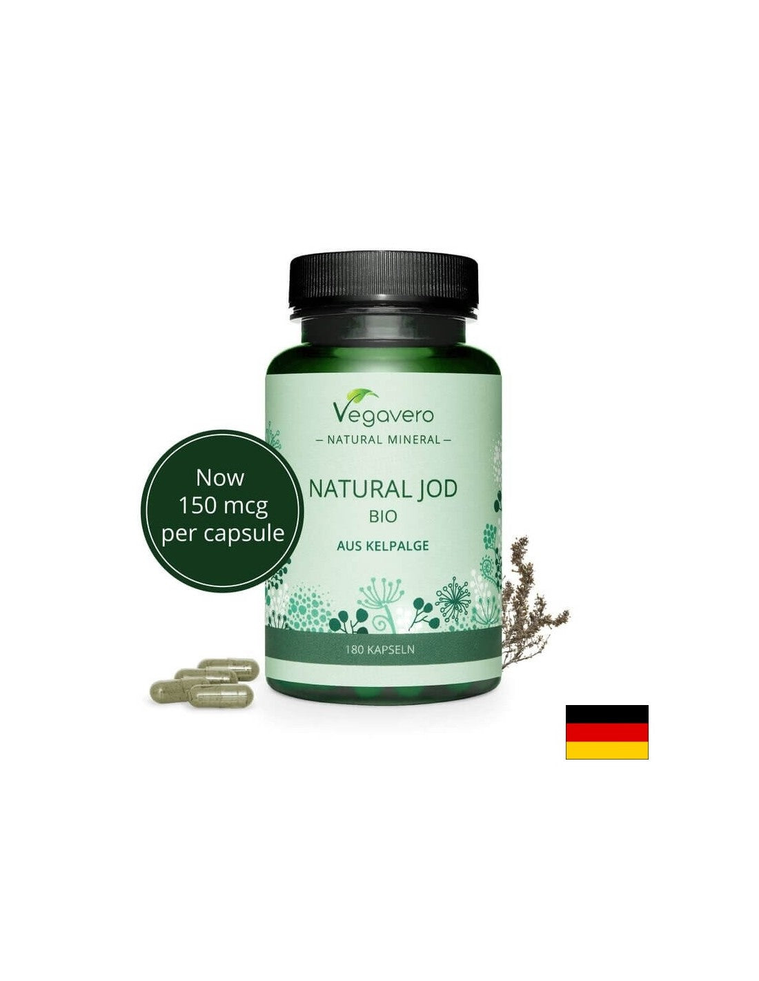 Natural Jod Bio Aus Kelpalge/ Natürliches Jod aus Bio-Algen, 180 Kapseln, 100% Vegan <tc>Vegavero</tc>