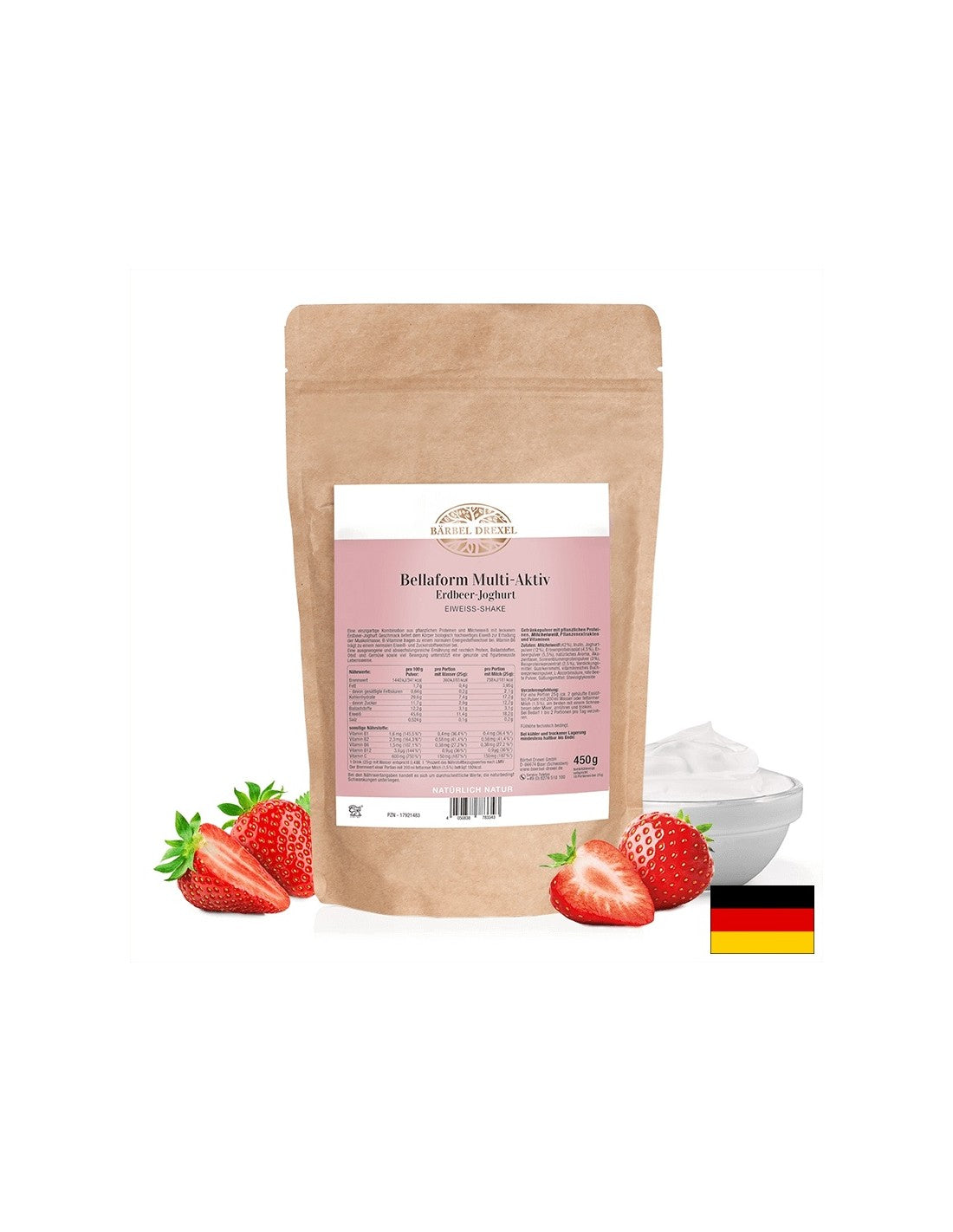 Natürliches Protein -Shake -Pulver - diätetisch, gesund und füllt, 450 g, mit Erdbeerjoghurtgeschmack