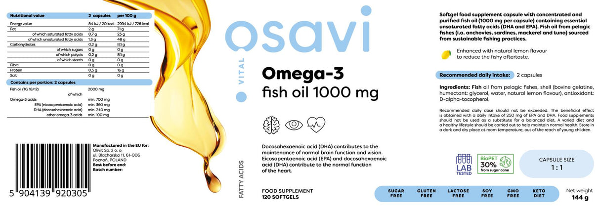 Omega 3 Fischöl 1000 mg / Zitronengeschmack - 120 Gelkapseln