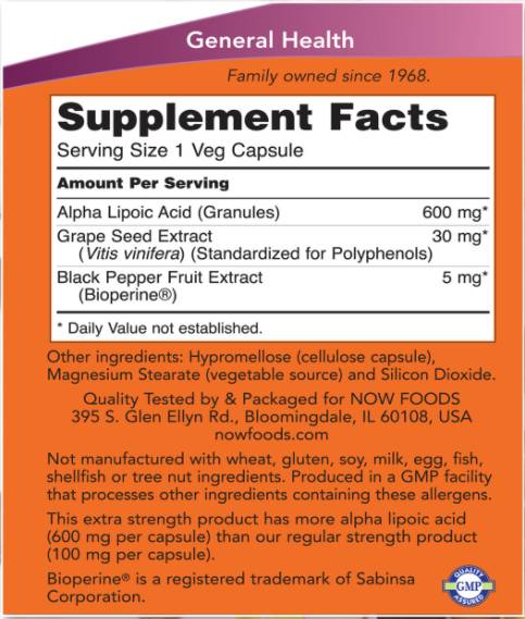 Alpha Liponsäure 600 mg / zusätzliche Stärke - 120 Kapseln