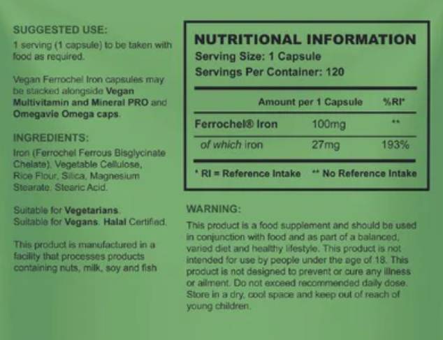 Veganer Ferrochel | Chelateisen 27 mg - 120 Kapseln