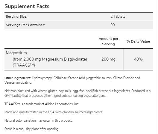 Magnesiumglycinat | Hochabsorbierbares Magnesium -Bisglycinat - 180 Tabletten