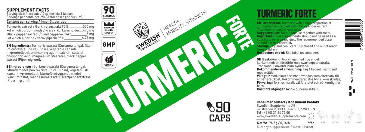 Kurkuma Forte 500 mg | 95% Curcumin -Extrakt mit schwarzem Pfeffer - 90 Kapseln