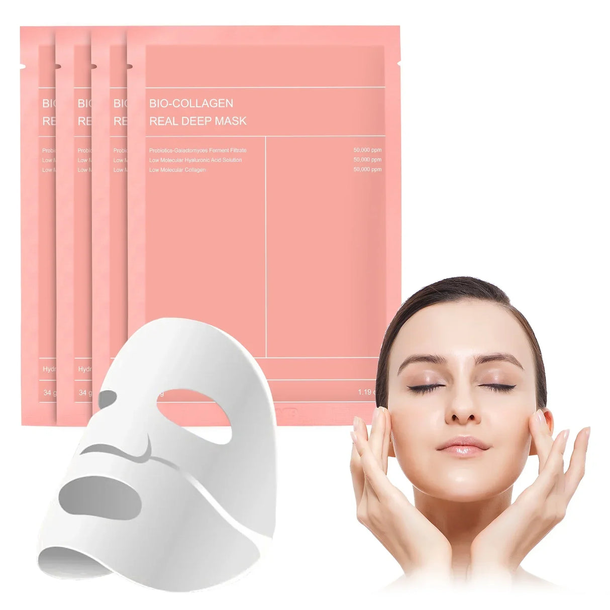Koreanische Gesichtsmaske mit Bio-Kollagen, Hyaluronsäure, Ceramiden und Peptiden – 1 Packung (4 Stück)