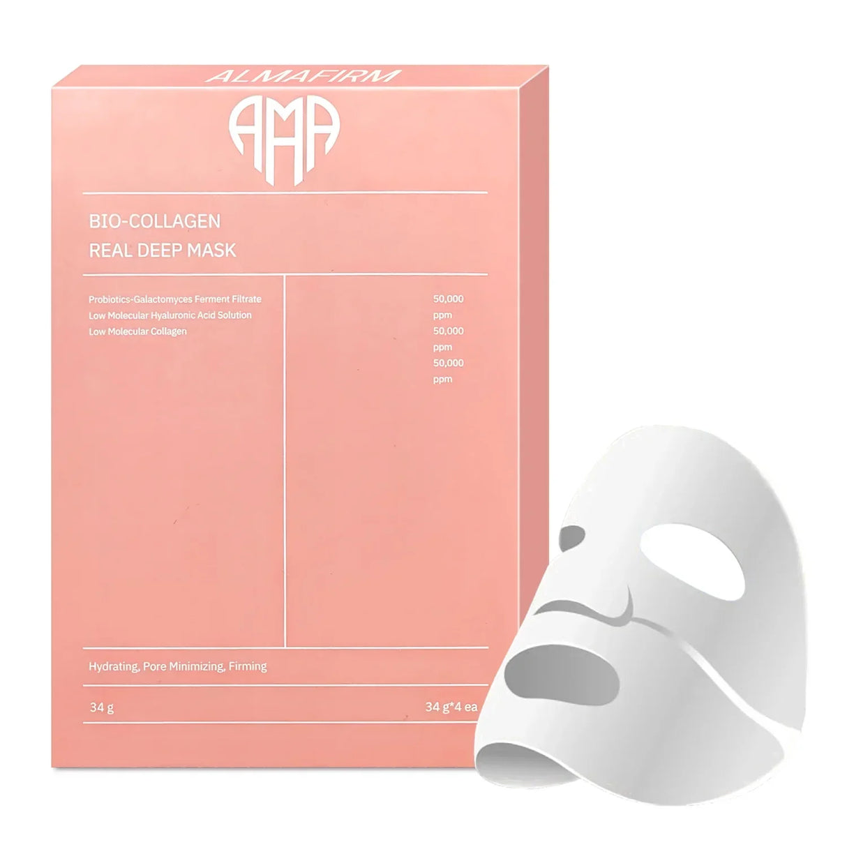 Koreanische Gesichtsmaske mit Bio-Kollagen, Hyaluronsäure, Ceramiden und Peptiden – 1 Packung (4 Stück)