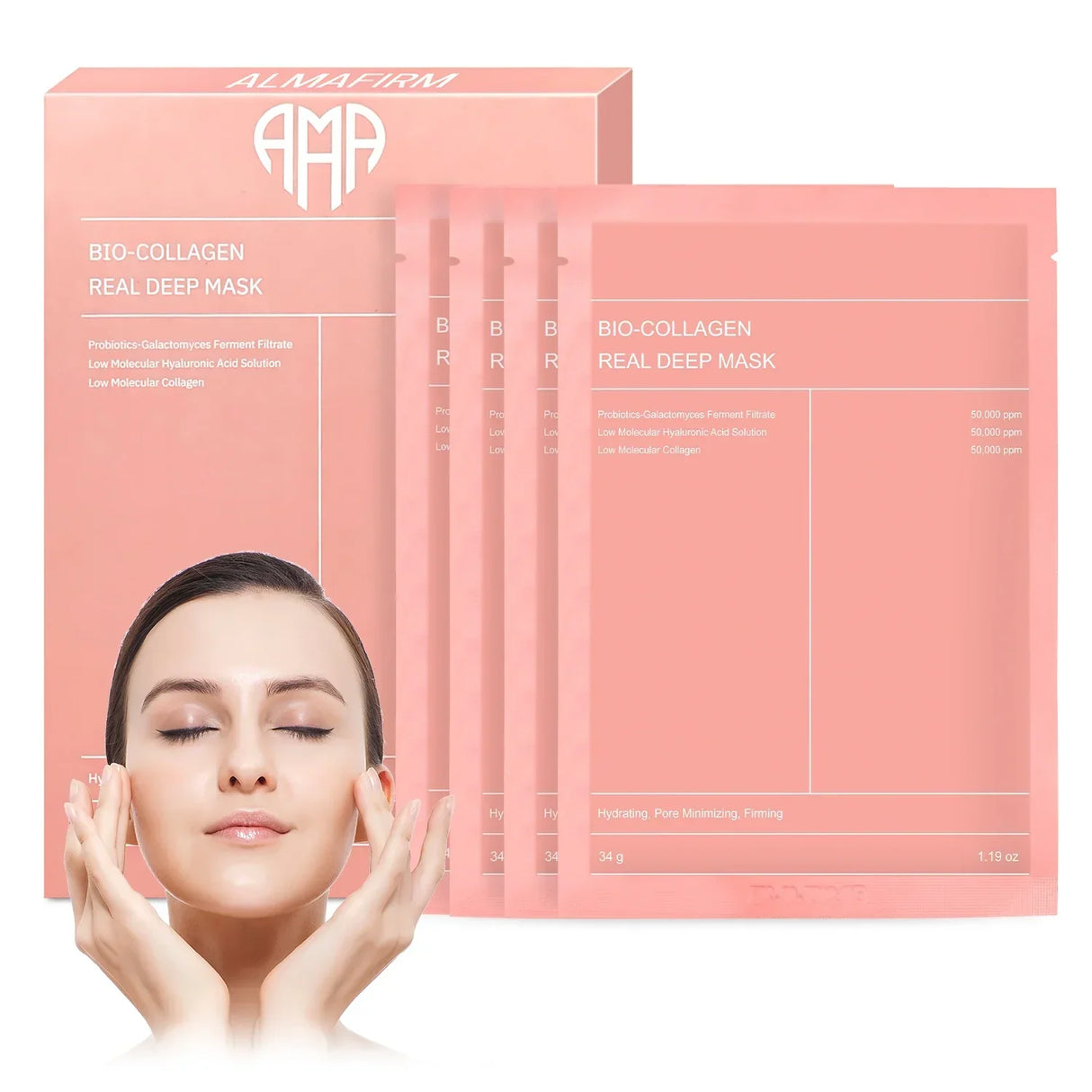 Koreanische Gesichtsmaske mit Bio-Kollagen, Hyaluronsäure, Ceramiden und Peptiden – 1 Packung (4 Stück)