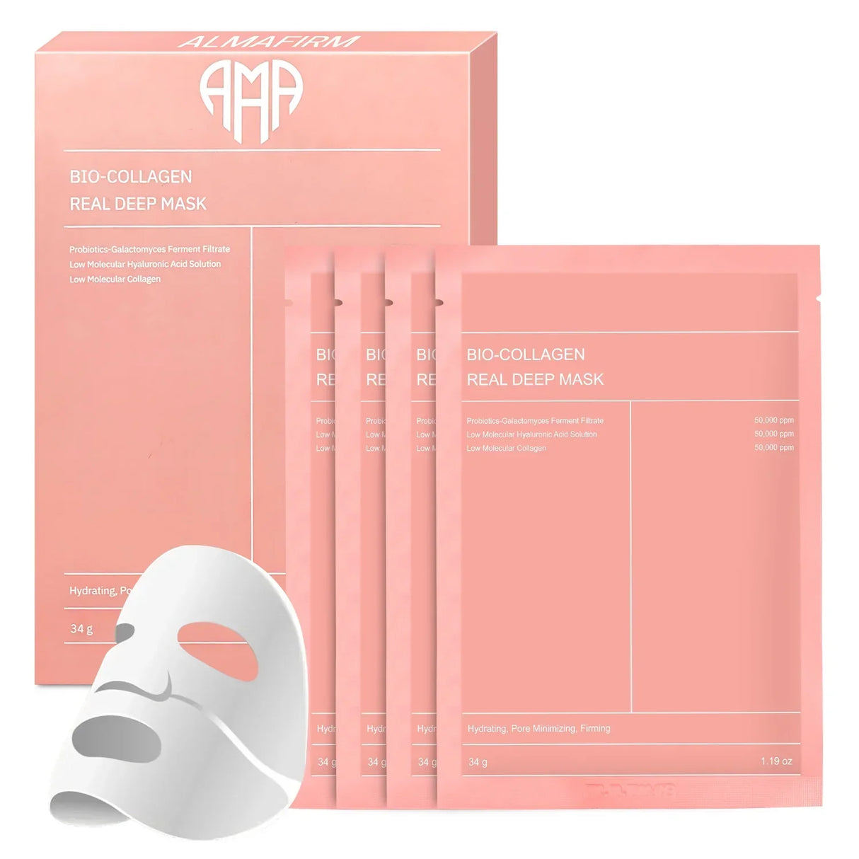 Koreanische Gesichtsmaske mit Bio-Kollagen, Hyaluronsäure, Ceramiden und Peptiden – 1 Packung (4 Stück)