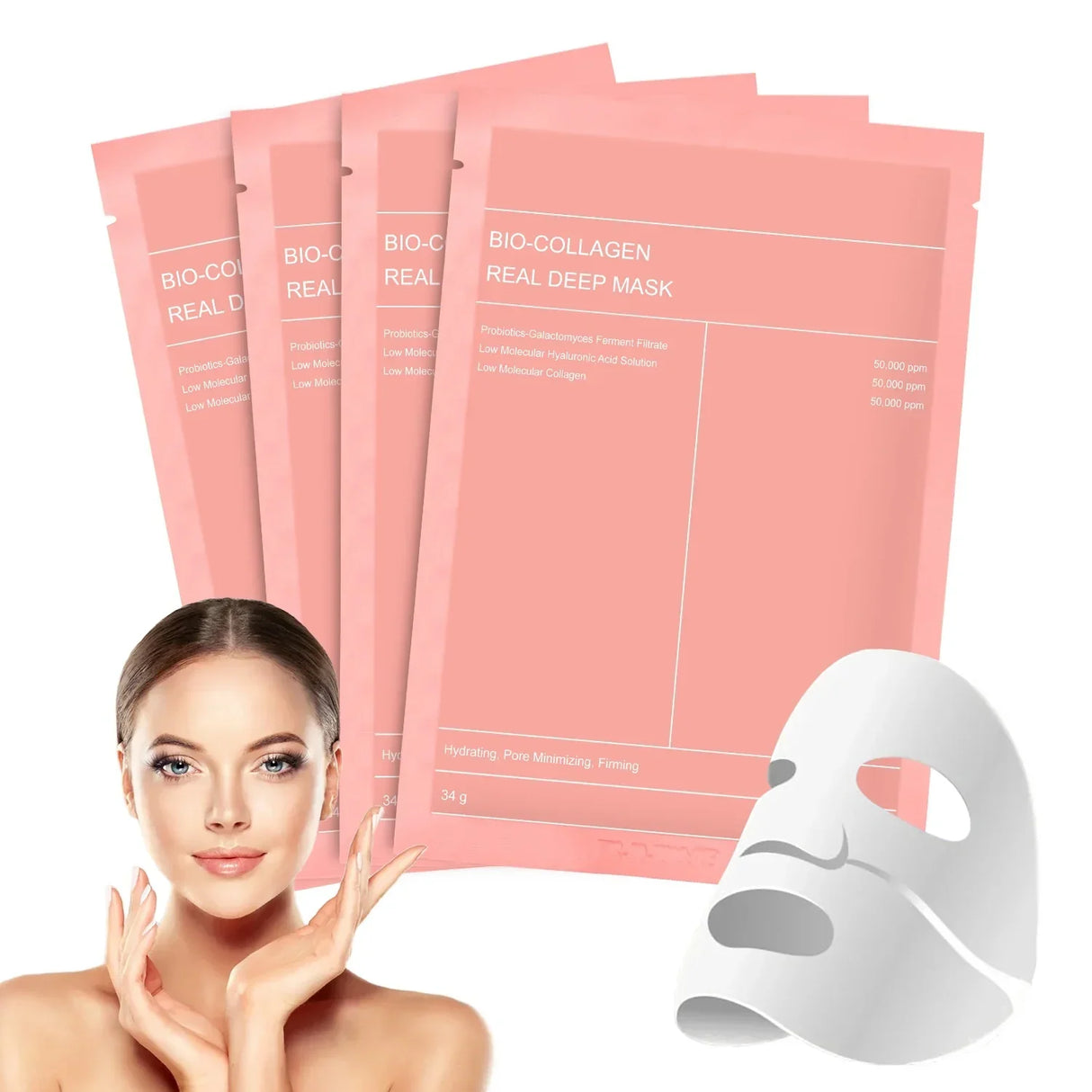 Koreanische Gesichtsmaske mit Bio-Kollagen, Hyaluronsäure, Ceramiden und Peptiden – 1 Packung (4 Stück)