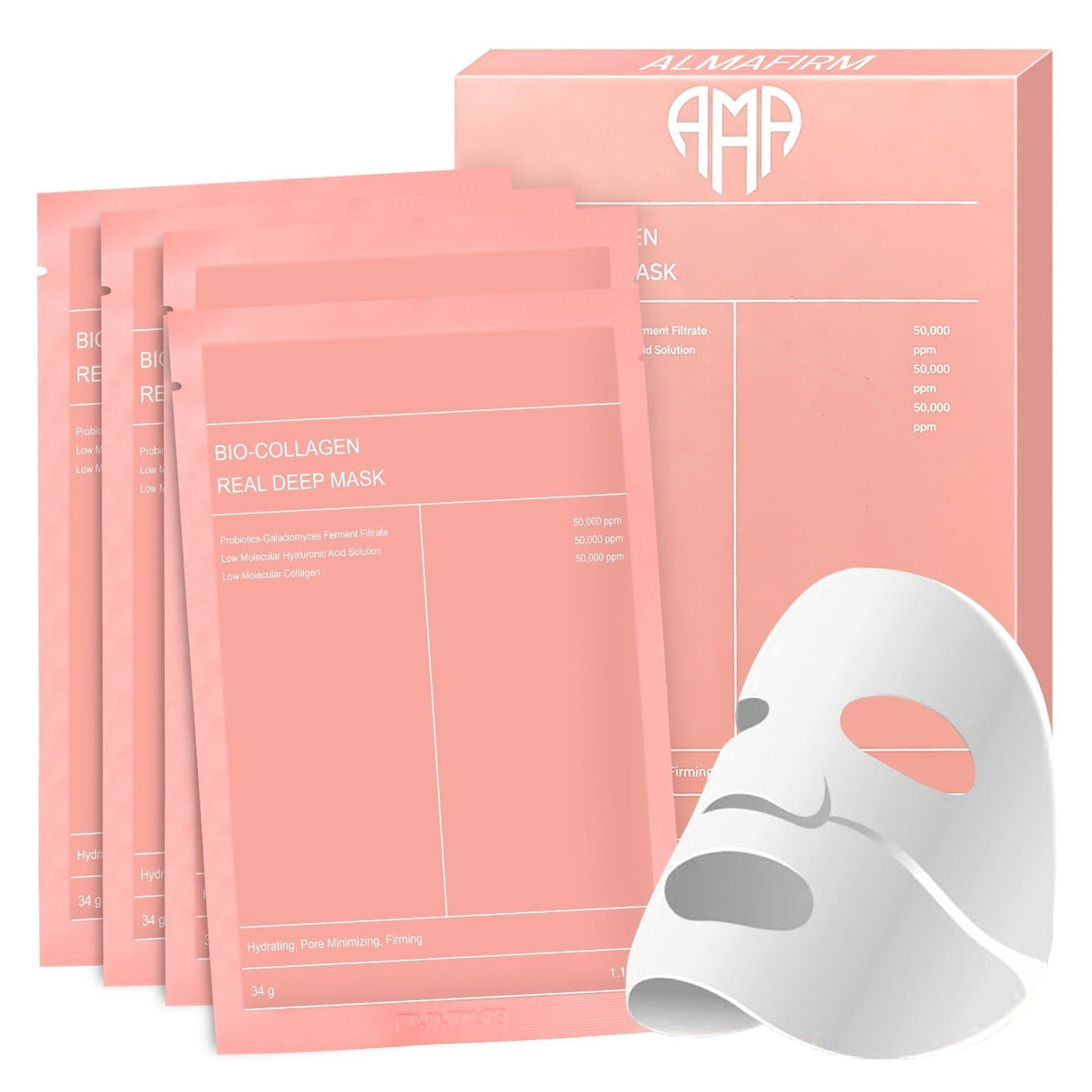 Koreanische Gesichtsmaske mit Bio-Kollagen, Hyaluronsäure, Ceramiden und Peptiden – 1 Packung (4 Stück)