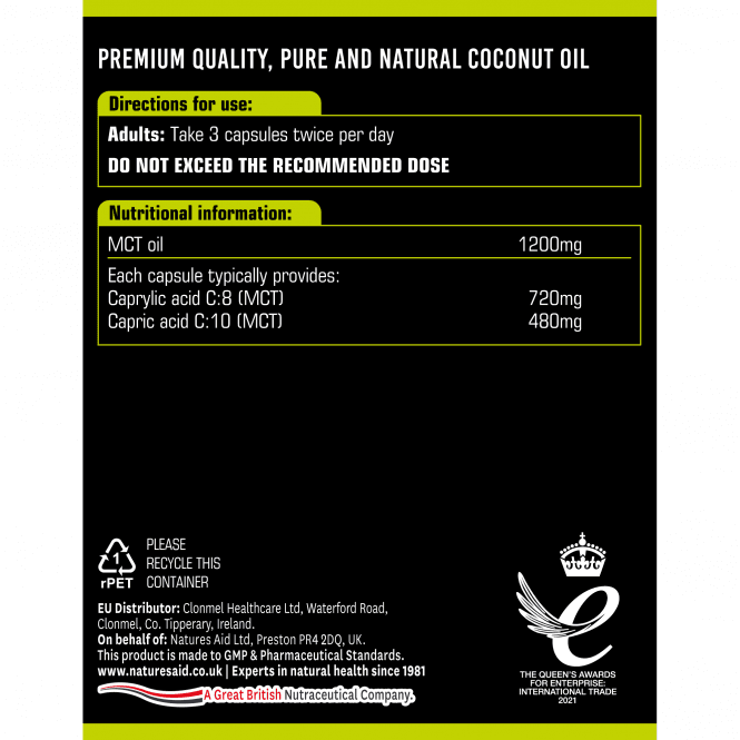 Mittelkettige Triglyceride aus Kokosnussöl (100 % MCT-Öl) 1200 mg 120 Kapseln NaturesAid