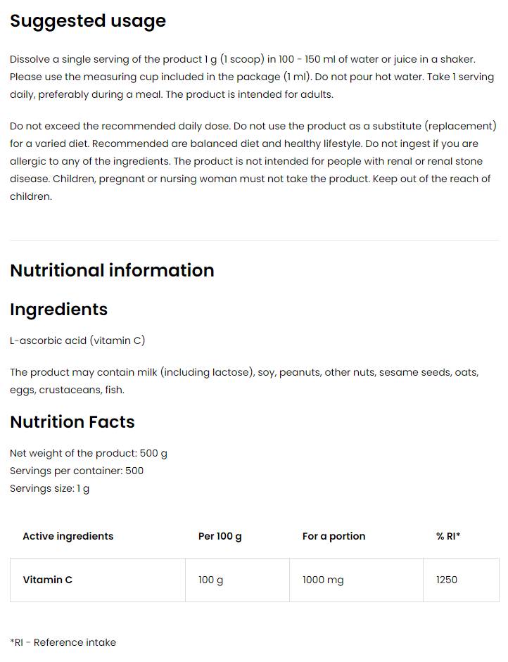 100 % Vitamin-C-Pulver – 500 Gramm