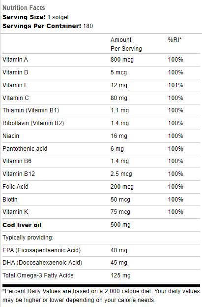 Kabeljau Leberöl 500 mg | Mit Multi -Vitaminen - 180 Gelkapseln