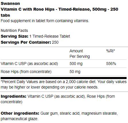 Zeitgesteuerte Freisetzung Vitamin C 500 mg | Mit Rose Hüften 250 Tabletten