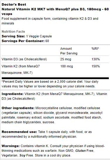 Bester natürlicher Vitamin K2 MK-7 180 McG | Plus D -3 - 60 Kapseln