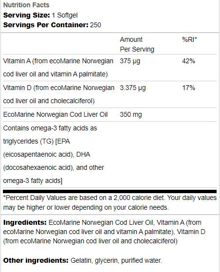 Norwegische Kabeljau -Leberöl 350 mg 250 Gelkapseln