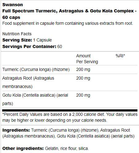 Vollspektrum Kurkuma, Astragalus und Gotu Kola -Komplex 60 Kapseln