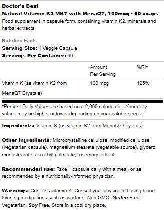 Beste natürliche Vitamin K2 MK -7 100 mcg - 60 Kapseln