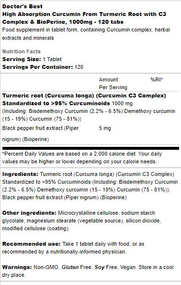 Hochabsorptions Curcumin 1000 mg | Mit C3 Complex & Bioperine - 120 Tabletten