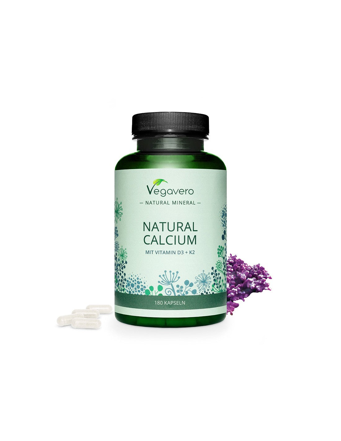 Natürliches Calcium mit Vitamin D + K2 – für gesunde Knochen und Zähne, 180 Kapseln <tc>Vegavero</tc>