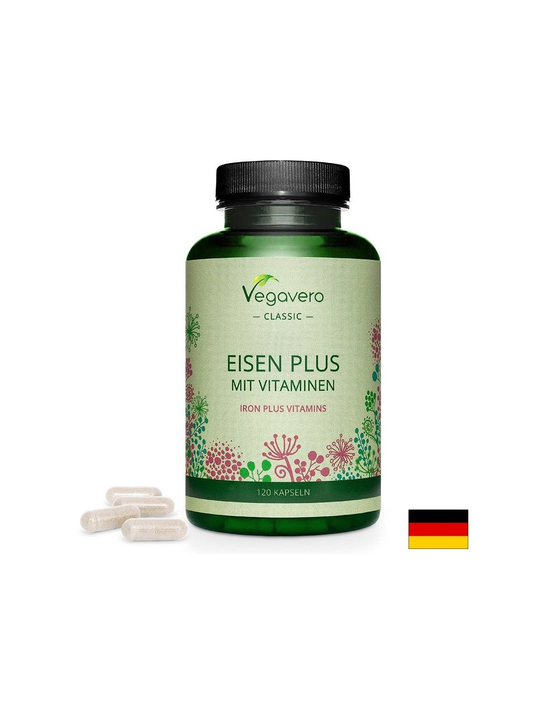 Eisen + Vitamine (C, B2, B6, B12 und Folsäure) - Eisen Plus mit Vitaminen, 120 Kapseln <tc>Vegavero</tc>