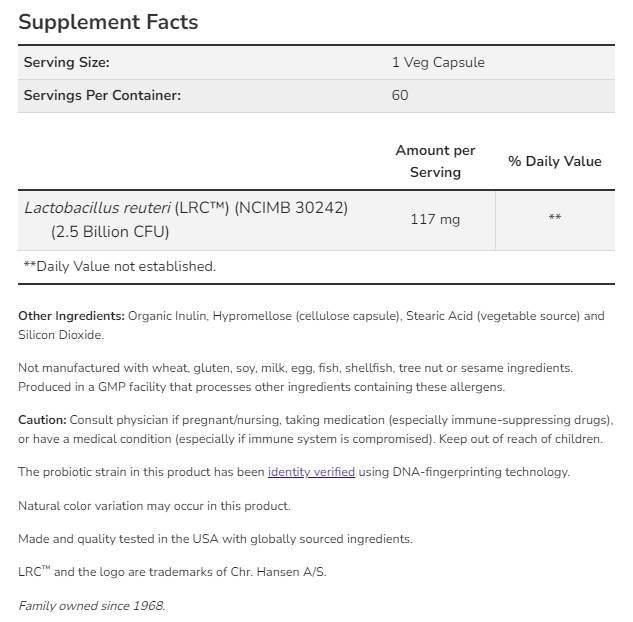Klinische Herzgesundheit Probiotika | Lactobacillus Reuteri LRC ™ 2,5 Milliarden - 60 Kapseln