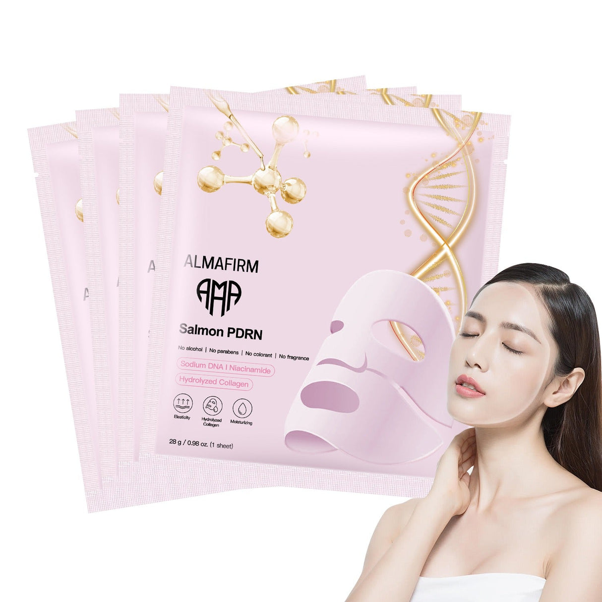 Koreanische Gesichtsmaske mit Lachs-DNA, Peptiden, Kollagen, Panthenol und Niacinamid – 4 Stück in einer Box