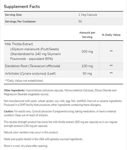 Milch Thistle - Silymarinextrakt | Doppelte Stärke mit Artischocken & Löwenzahn - 200 Kapseln
