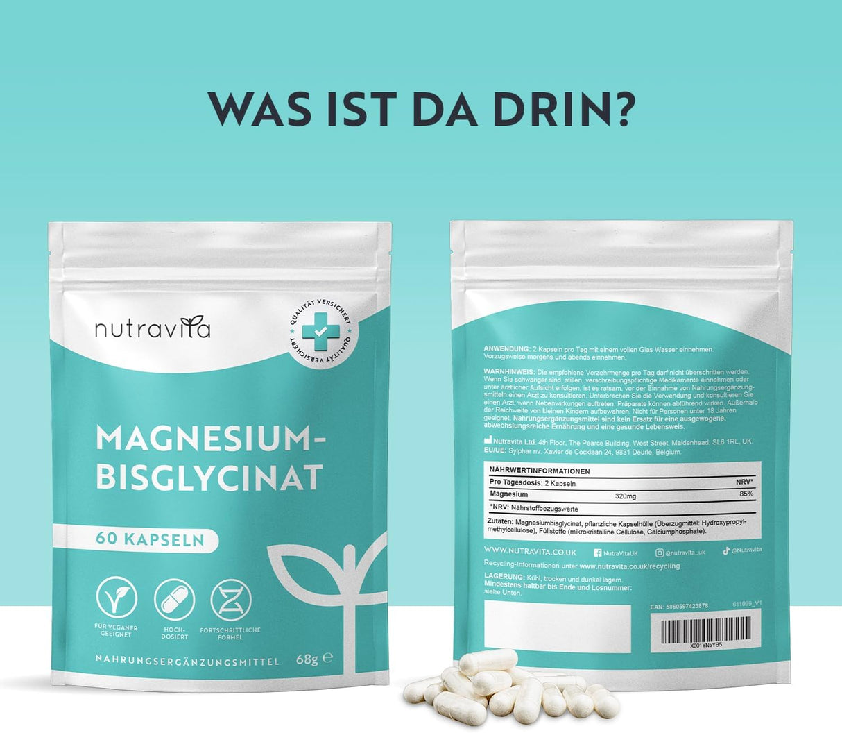 Magnesiumbisglycinat, 60 Kapseln à 320 mg, vegan <tc>Nutravita</tc>