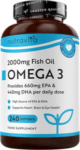 Omega 3 2000 mg/EPA 660 mg, DHA 440 mg/Reines Fischöl/240 Kapseln, 120 Dosen/ <tc>Nutravita</tc>