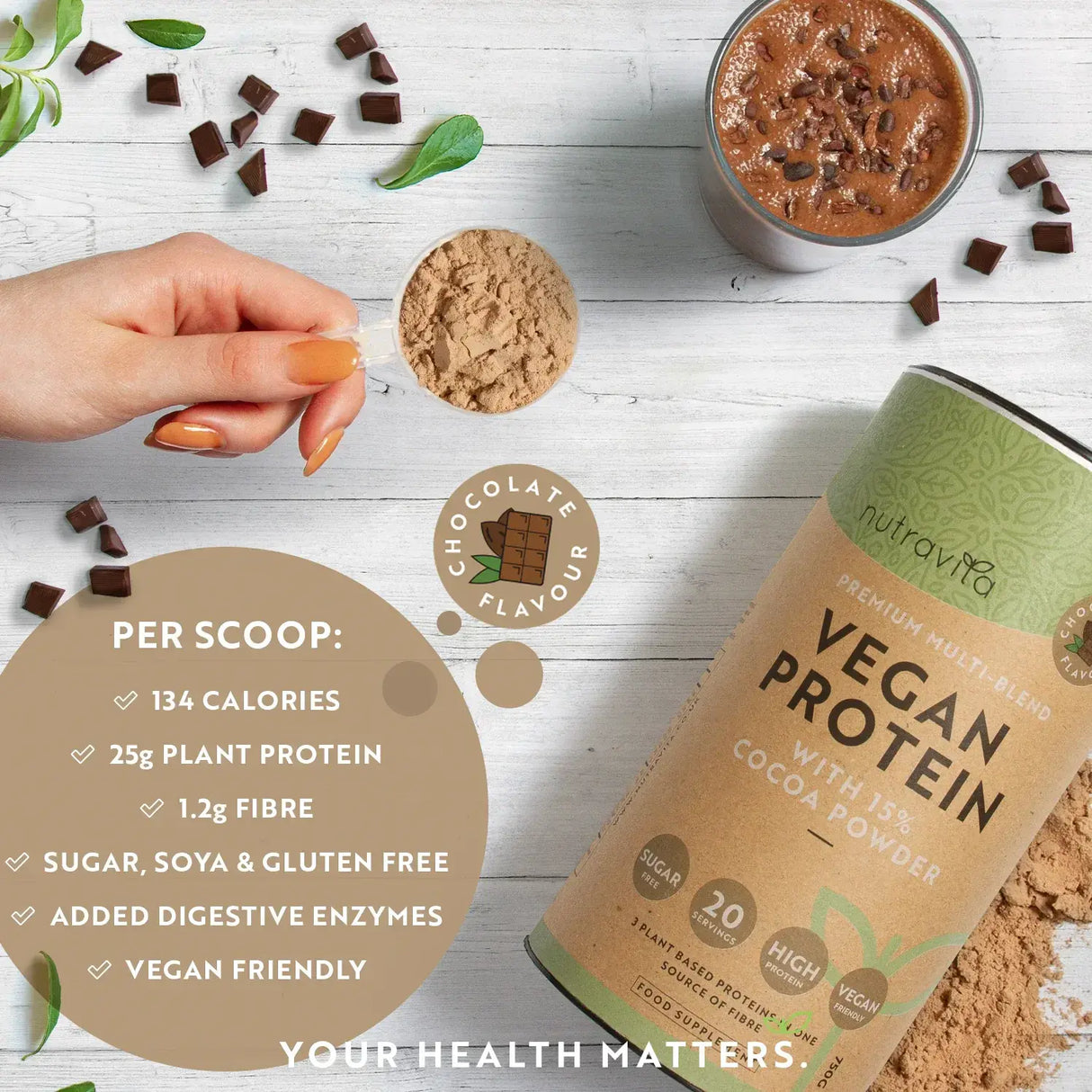Veganes Protein + Enzyme - 750 g (Schokolade) <tc>Nutravita</tc>