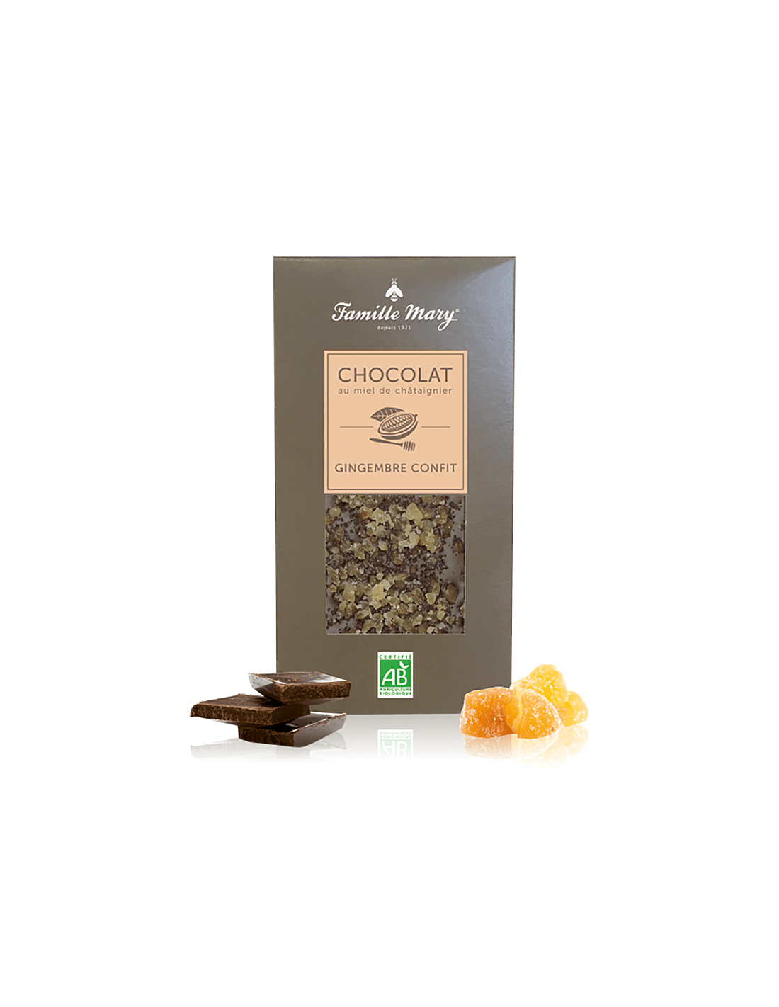 Schokolade mit Kastanienblütenhonig und kandiertem Ingwer, 80 g