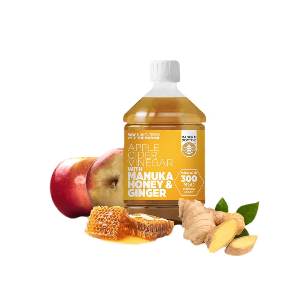 Apfelessig + Honig aus Manuka und Ingwer - Apfelessig mit Manuka Honig & Ingwer (300 mgo), 500 ml