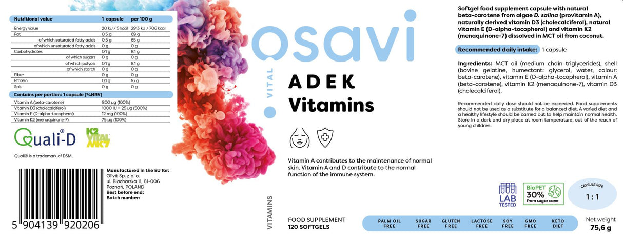 ADEK Vitamine | A + D + E + K | mit Quali-D® - 120 Gelkapseln
