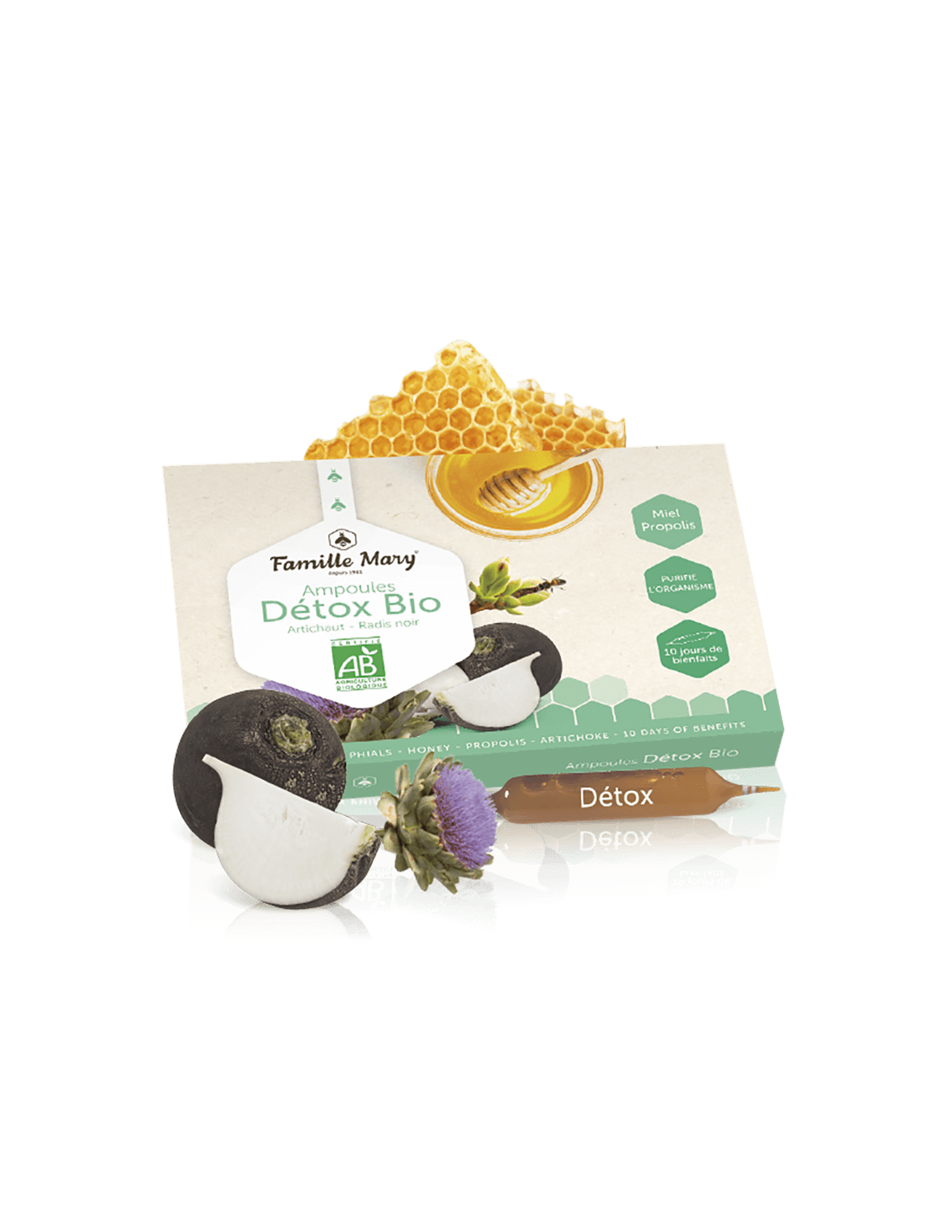 Ampullen Détox Bio Artichaut-Radis noir/Detox Bio mit Artischocke, schwarzer Rübe, Honig und Propolis/10 Ampullen Famille Mary