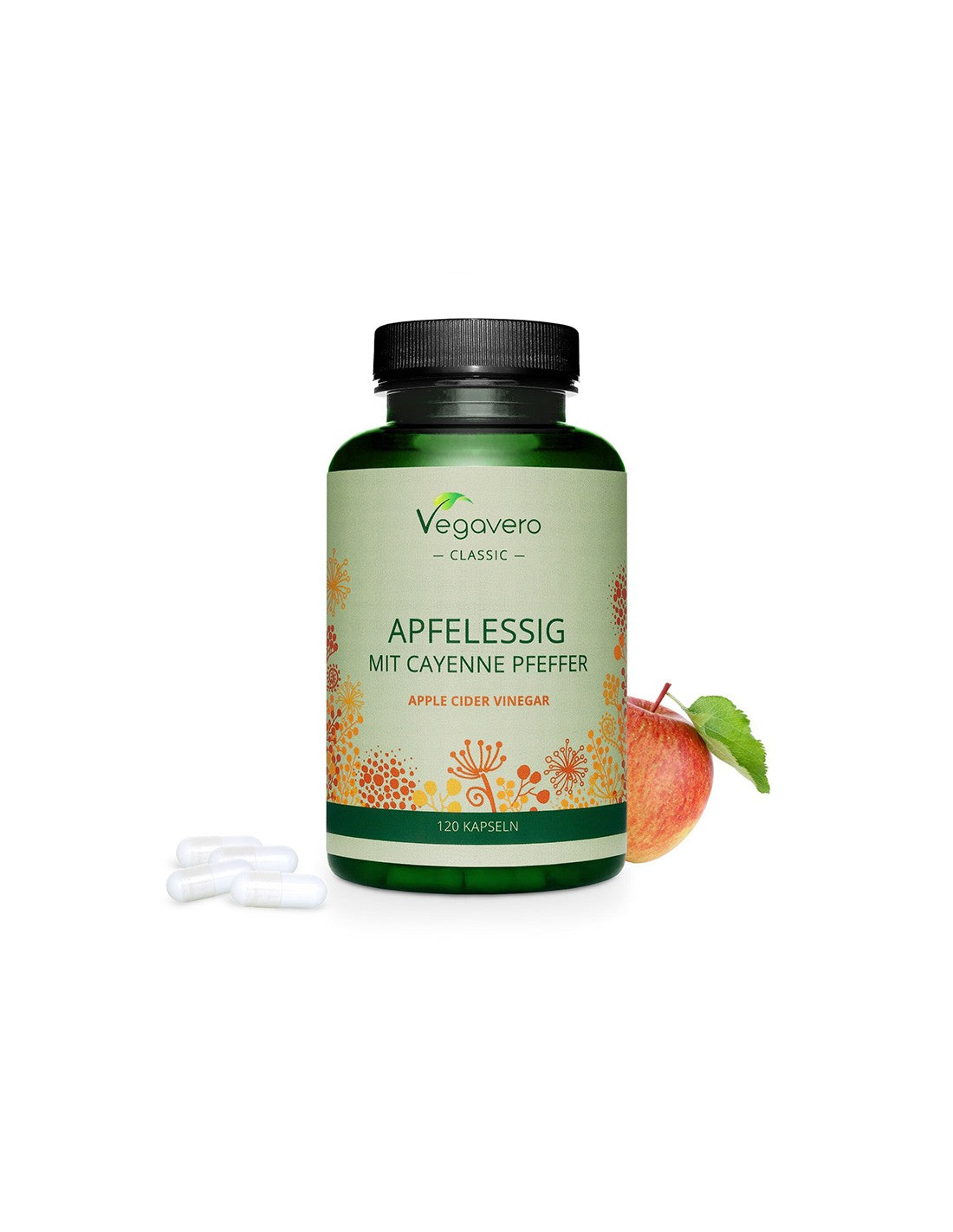 Apfelssig mit Cayenne Pfeffer – Apfelessig + scharfe rote Paprika, 120 <tc>Vegavero</tc> Kapseln