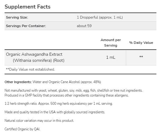 Ashwagandha-Extrakt-Flüssigkeit | Aus kontrolliert biologischem Anbau – 59 ml