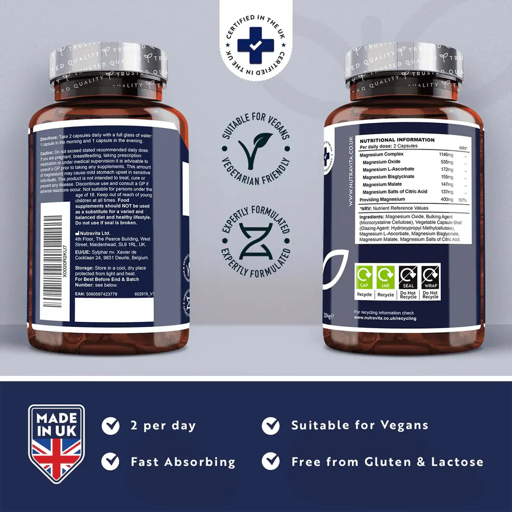Magnesium Complex – 240 Kapseln mit hoher Konzentration – Vegan – <tc>Nutravita</tc>